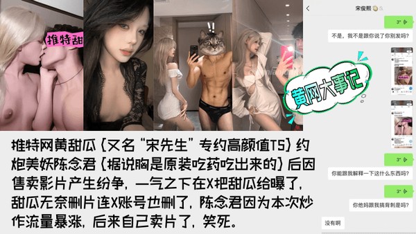 【重磅吃瓜】著名网黄[甜瓜](宋先生)被极品高颜值TS[陈念君]曝光真实身份！背刺事件始末！附陈念君合集，最全了！封面